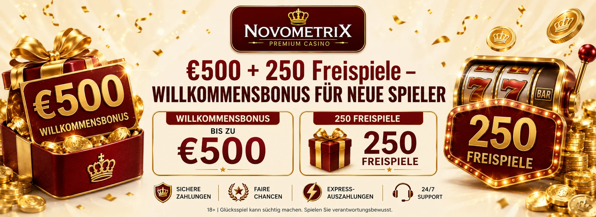 Novometrix Casino Bonus — €500 + 250 Freispiele Willkommensbonus