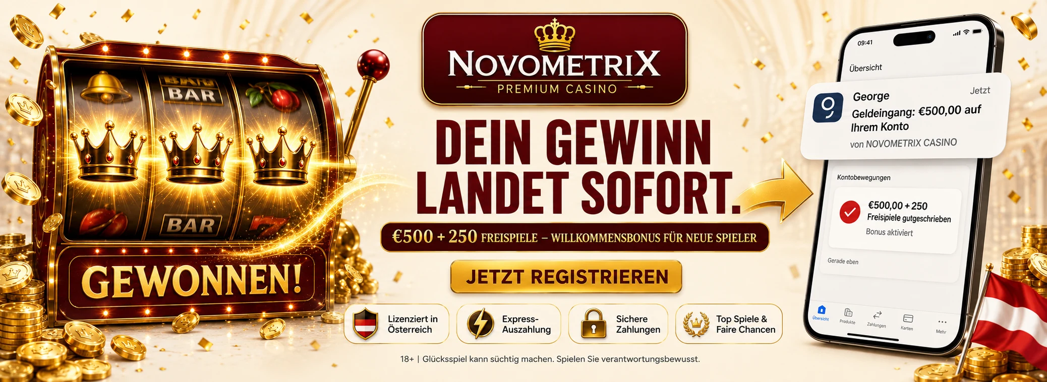 Novometrix Casino Österreich — Spielautomaten, Live-Casino und Willkommensbonus €500 + 250 Freispiele